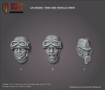 Coveted Forge bits sheet: Heads (5 of 5), Imperial Japanese Army Heads Tank and Vehicle Crew style guide, 3 different heads lettered A to C to name in the order note, shown at 28mm, resin heads by Kyoushuneko Miniatures.