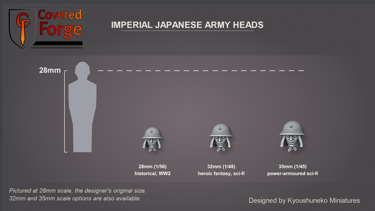 Coveted Forge scale reference: one Imperial Japanese Army Infantry (Steel Helmets) head at 28mm, 32mm and 35mm scale beside a 28mm human silhouette, front three-quarter view, each scale labelled with the ranges it suits; 28mm is the designer's original size, upscaled 32mm and 35mm options are also available; every head style is the same scale.