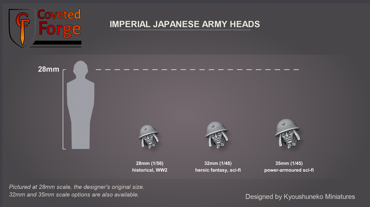 Coveted Forge scale reference: one Imperial Japanese Army Infantry (Steel Helmets) head at 28mm, 32mm and 35mm scale beside a 28mm human silhouette, front three-quarter view, each scale labelled with the ranges it suits; 28mm is the designer's original size, upscaled 32mm and 35mm options are also available; every head style is the same scale.