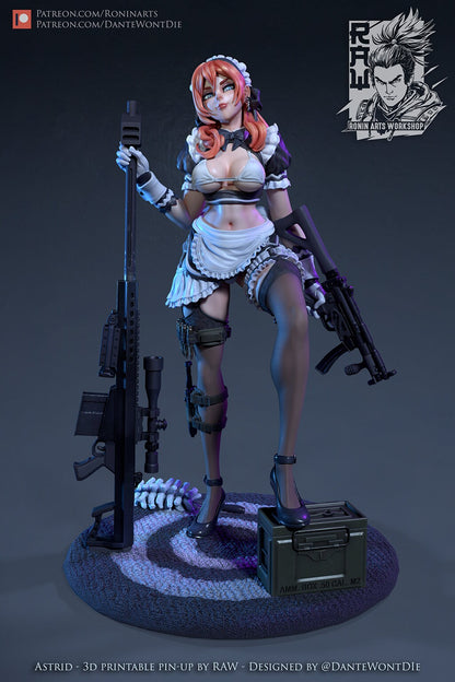 Astrid - Sexy Maid with Sniper Rifle | Assassin | 75mm / 120mm | 3 Variants| Resin 3D Printed Pinup | Ronin Arts Workshop