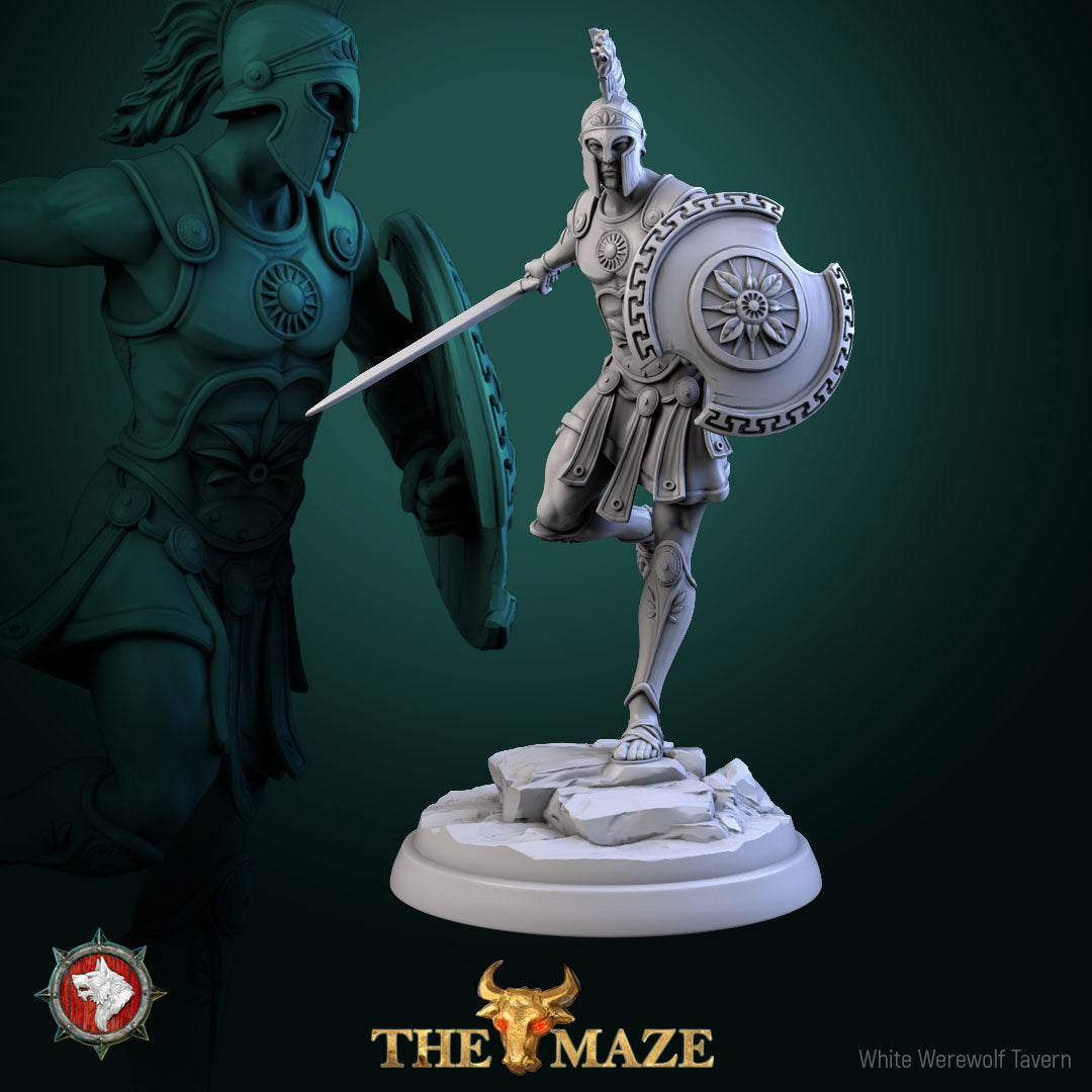Hoplites Model 6: Greek hoplite with short sword and round shield on a rocky round base