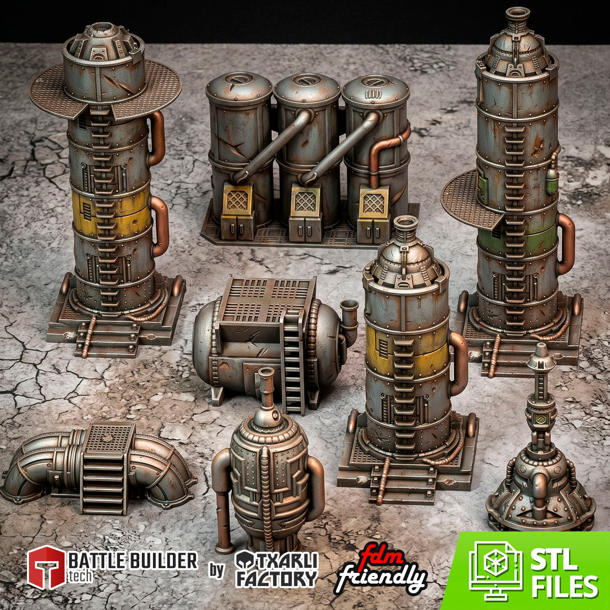 Txarli Factory modular sci-fi industrial terrain: stacking towers, a triple-silo bank, tank, pipes and vent stacks.