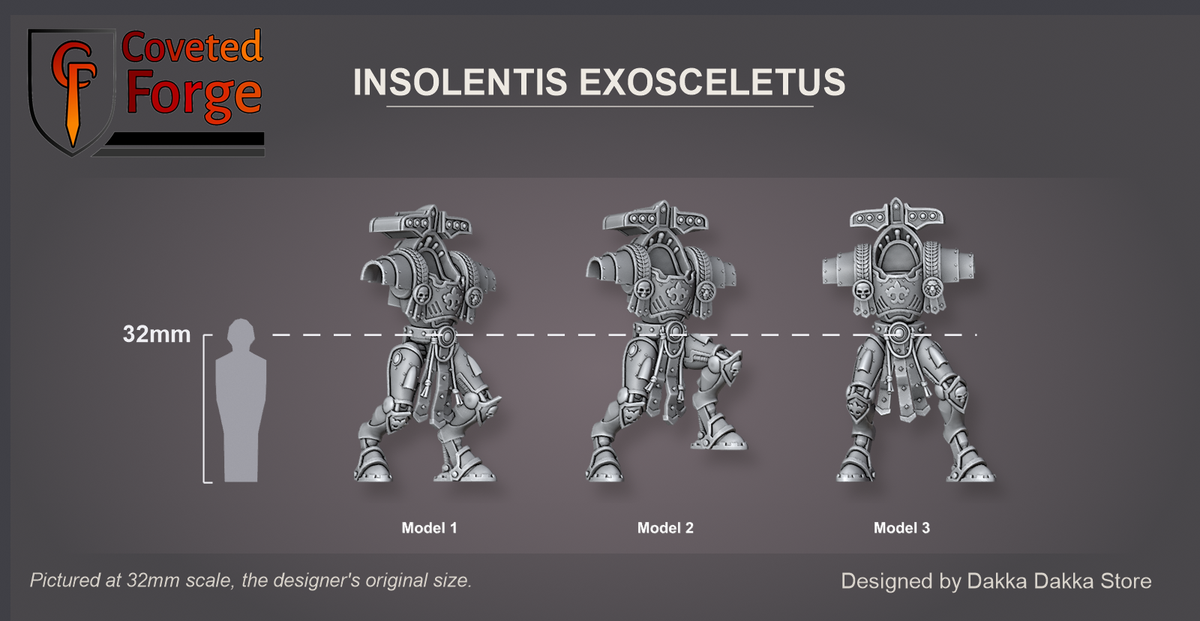 Coveted Forge scale reference: all three Insolentis Exosceletus bodies labelled Model 1 to Model 3, front view, beside a 32mm human silhouette; every model in the set is the same scale.