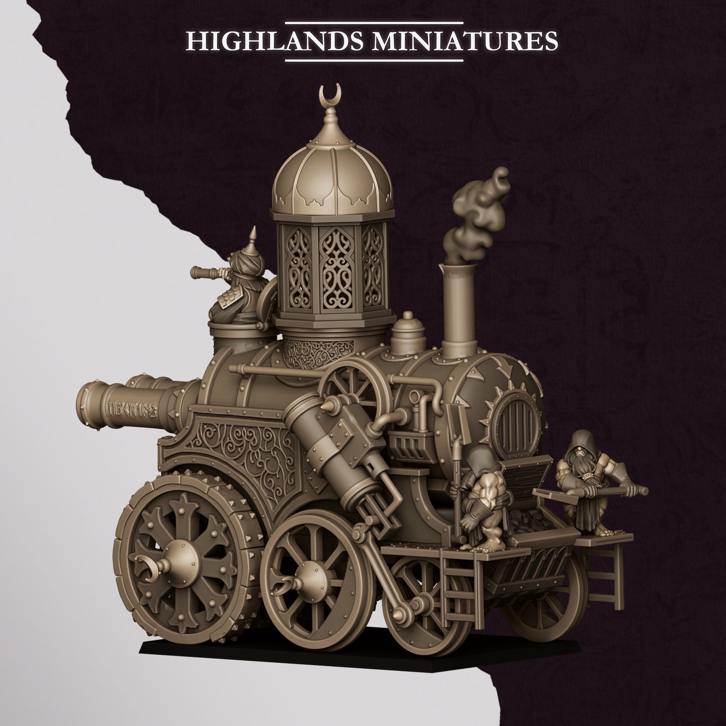 Marduk Iron Engine, Chaos Dwarf steam tank, side view, 32mm resin by Highlands Miniatures