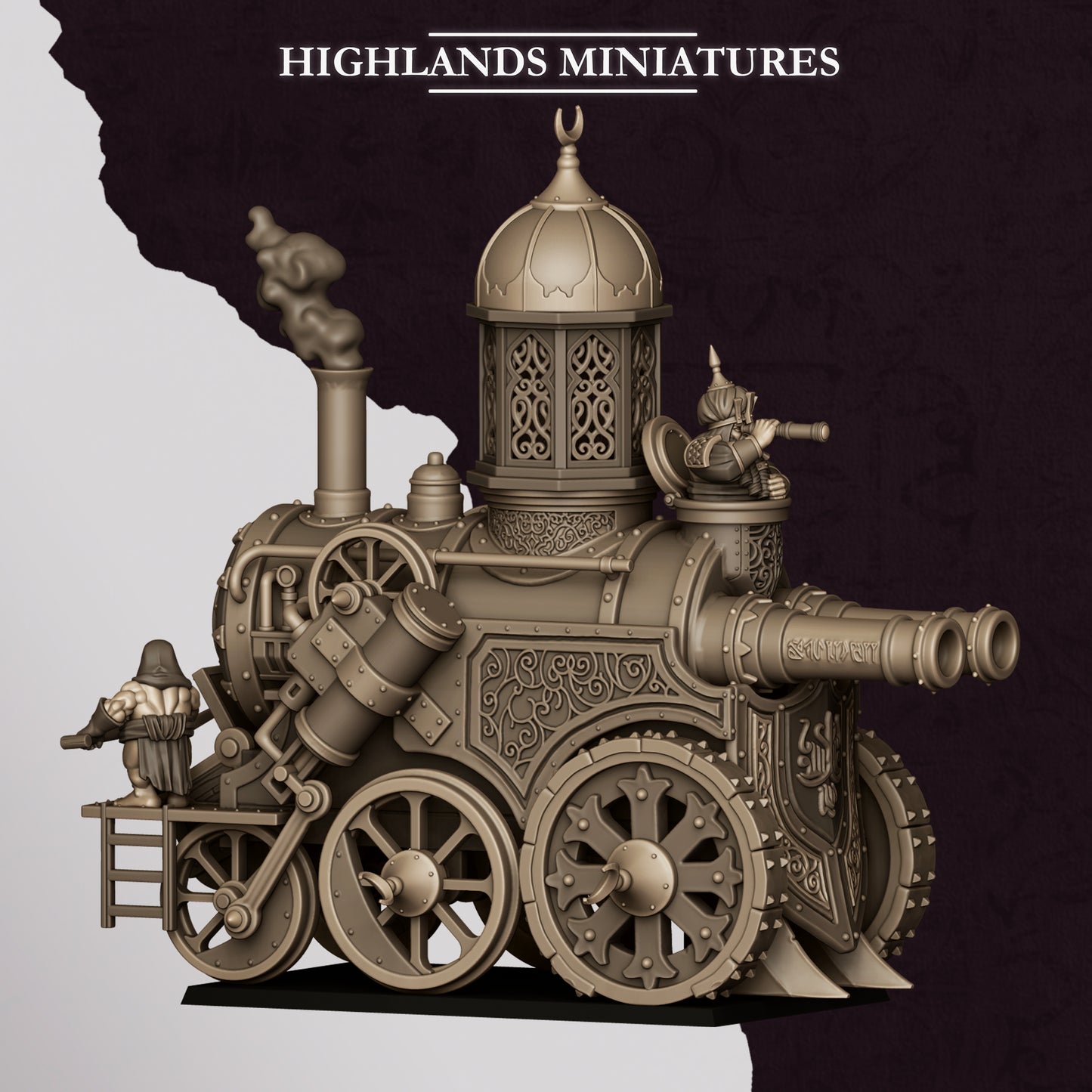 Marduk Iron Engine Chaos Dwarf steam tank, rear view, 32mm resin by Highlands Miniatures