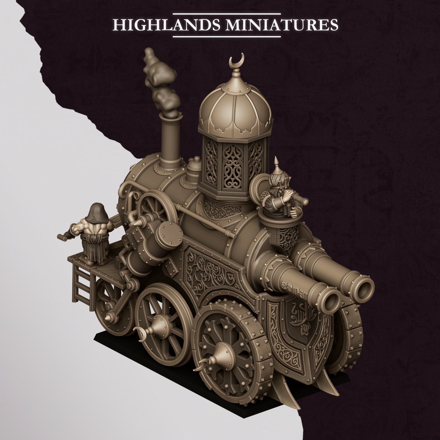 Marduk Iron Engine Chaos Dwarf steam tank, three quarter view, 32mm resin by Highlands Miniatures