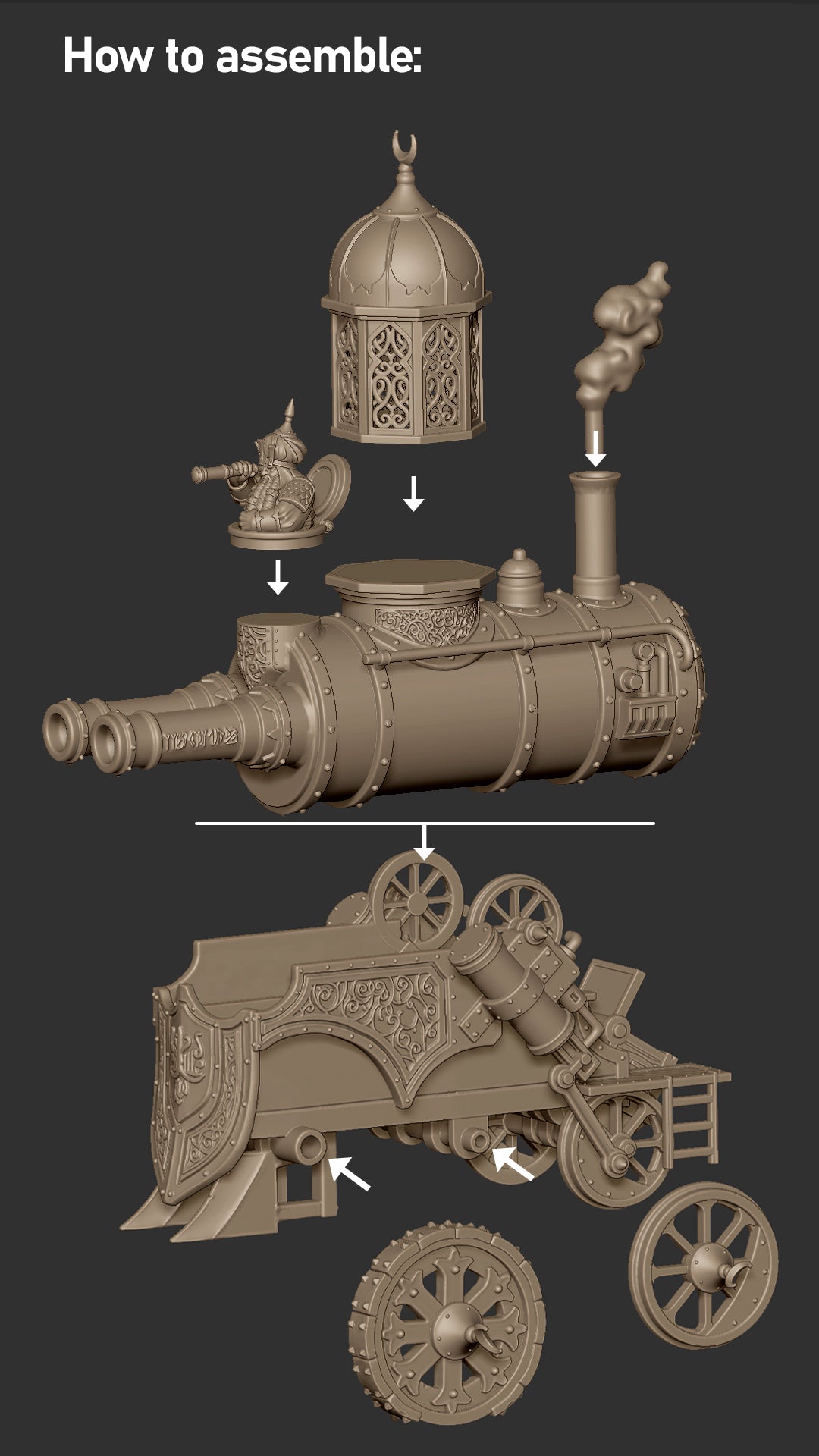 Marduk Iron Engine assembly guide, Chaos Dwarf steam tank parts, Highlands Miniatures