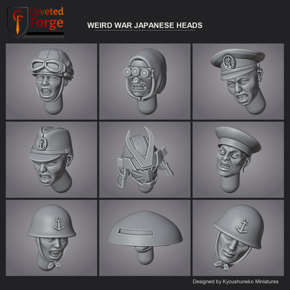 Coveted Forge cover render: nine of the Weird War Japanese heads in a three-by-three grid, a flight cap with goggles, a hooded ninja with triple goggle lenses and oni mask, an officer's peaked cap, a naval field cap with anchor badge, an oni kabuto with crest and sun-ray mask, a sailor cap, two steel helmets with the anchor badge and the armoured dome helmet; unpainted 28mm resin bits designed by Kyoushuneko Miniatures; the full set of 23 heads is shown on the numbered sheets.