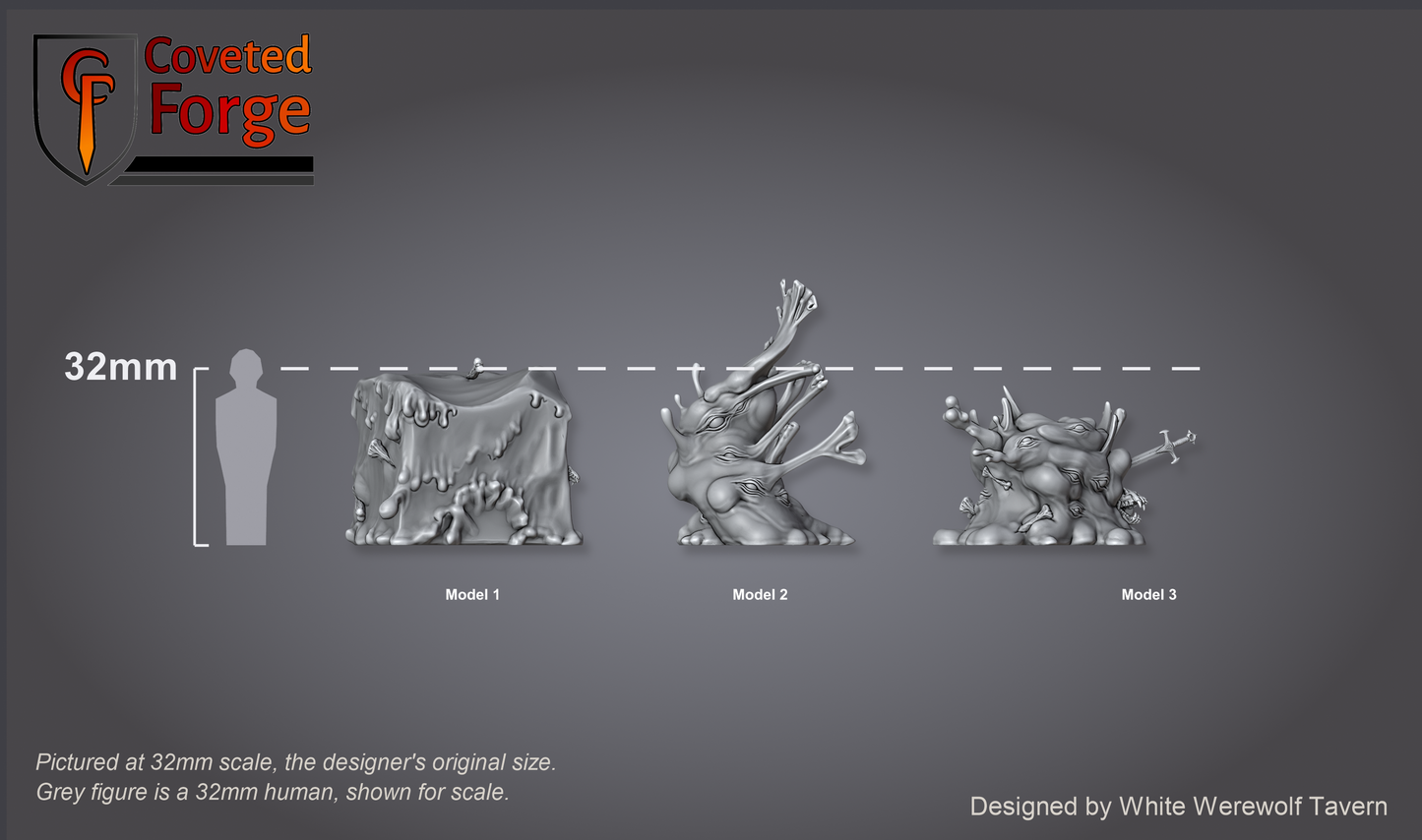 Scale reference: all three Jelly models at 32mm scale beside a 32mm human silhouette