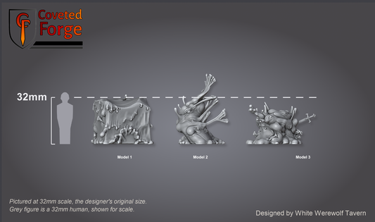 Scale reference: all three Jelly models at 32mm scale beside a 32mm human silhouette