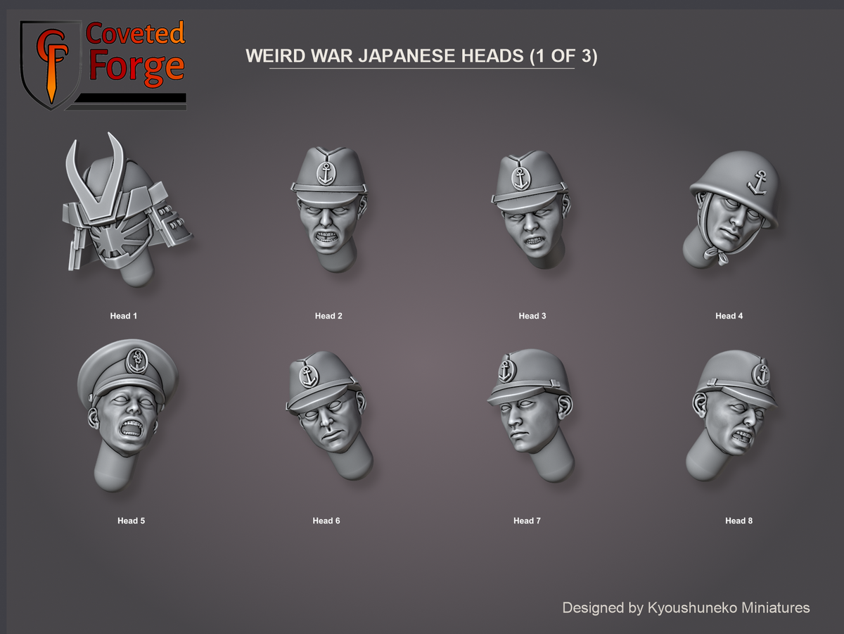 Coveted Forge bits sheet: Heads (1 of 3), Weird War Japanese heads numbered Head 1 to Head 8, face-on, for reference; Assorted packs are a random mix of that quantity from all 23 heads.