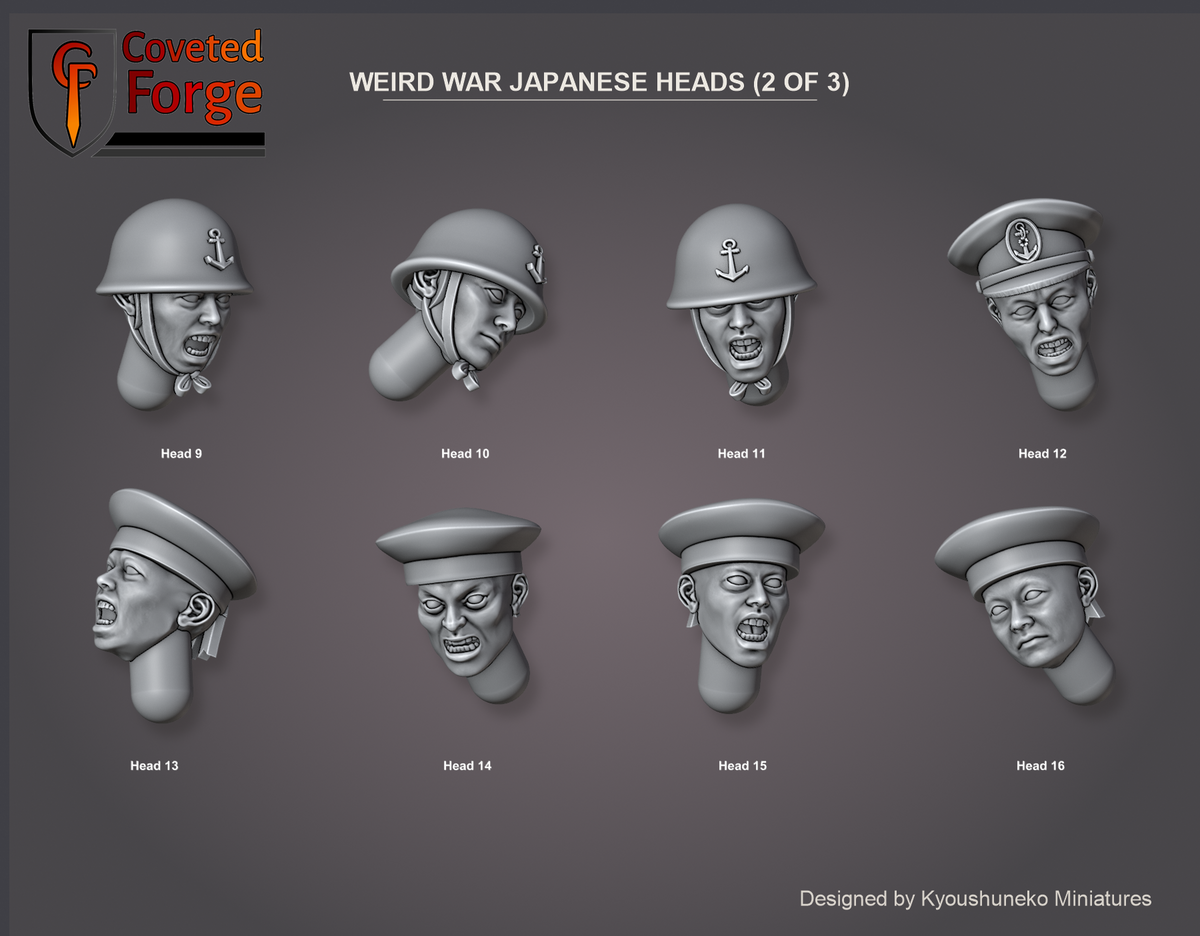 Coveted Forge bits sheet: Heads (2 of 3), Weird War Japanese heads numbered Head 9 to Head 16, face-on, for reference; Assorted packs are a random mix of that quantity from all 23 heads.