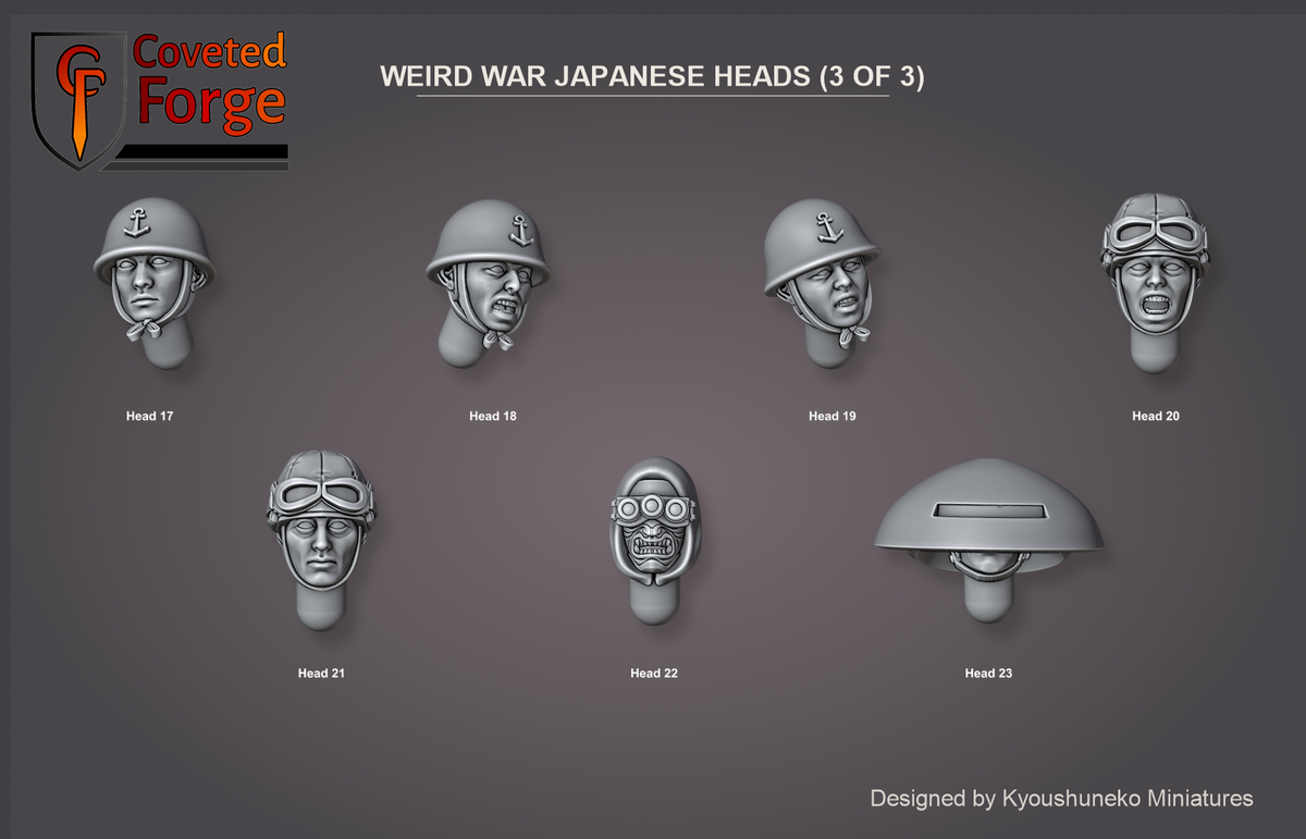 Coveted Forge bits sheet: Heads (3 of 3), Weird War Japanese heads numbered Head 17 to Head 23, face-on, for reference; Assorted packs are a random mix of that quantity from all 23 heads.