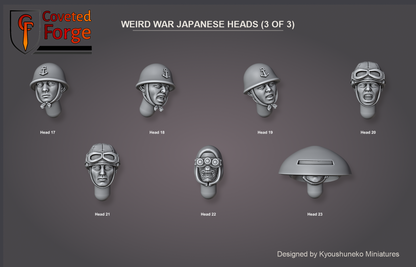 Coveted Forge bits sheet: Heads (3 of 3), Weird War Japanese heads numbered Head 17 to Head 23, face-on, for reference; Assorted packs are a random mix of that quantity from all 23 heads.