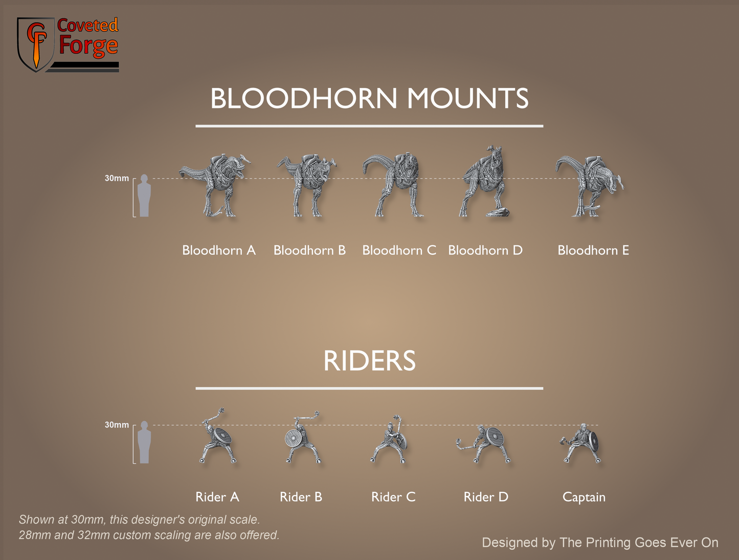 Orc Juggernauts lineup, five Bloodhorn raptor mounts and five riders labeled A to E, beside a 30mm human with scale brackets