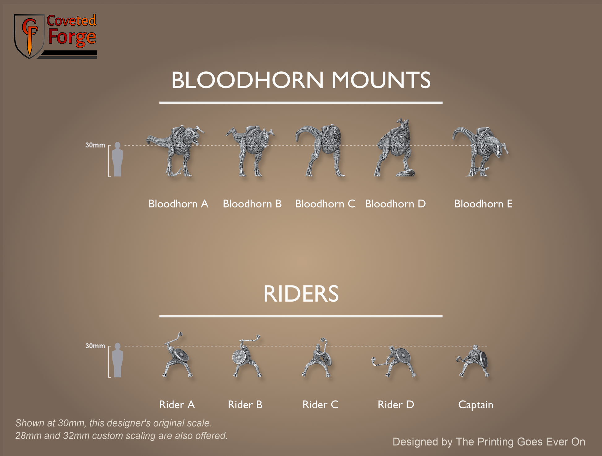 Orc Juggernauts lineup, five Bloodhorn raptor mounts and five riders labeled A to E, beside a 30mm human with scale brackets