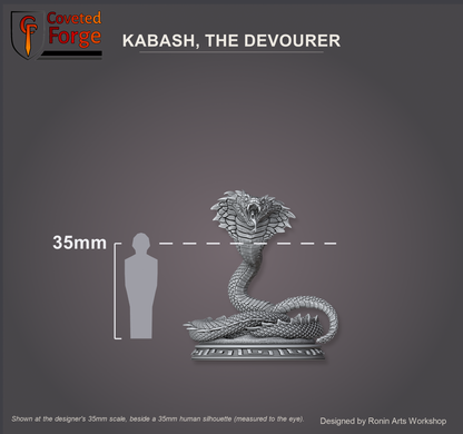 Kabash, The Devourer giant cobra shown at the designer's 35mm scale, beside a 35mm human silhouette (measured to the eye), feet aligned to the top of the model's base, on a charcoal studio backdrop. Ronin Arts Workshop.