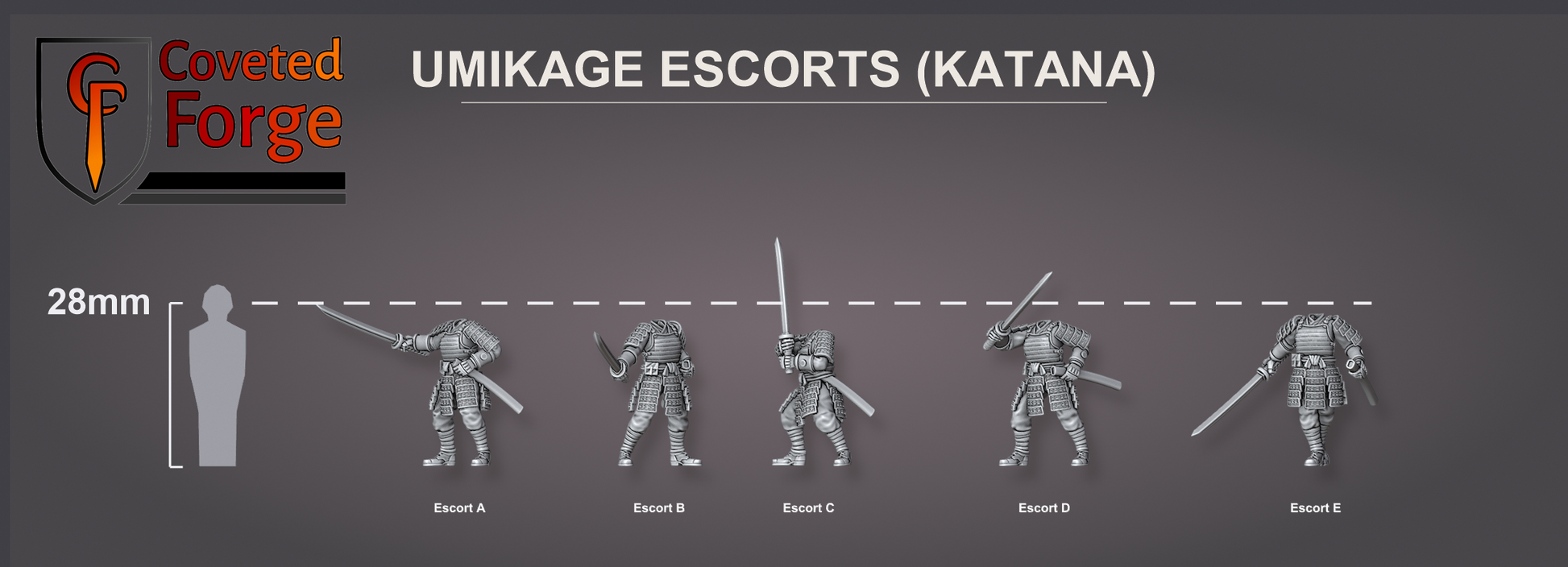 Umikage katana escorts scale lineup, five poses beside a 28mm human