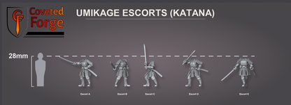 Umikage katana escorts scale lineup, five poses beside a 28mm human