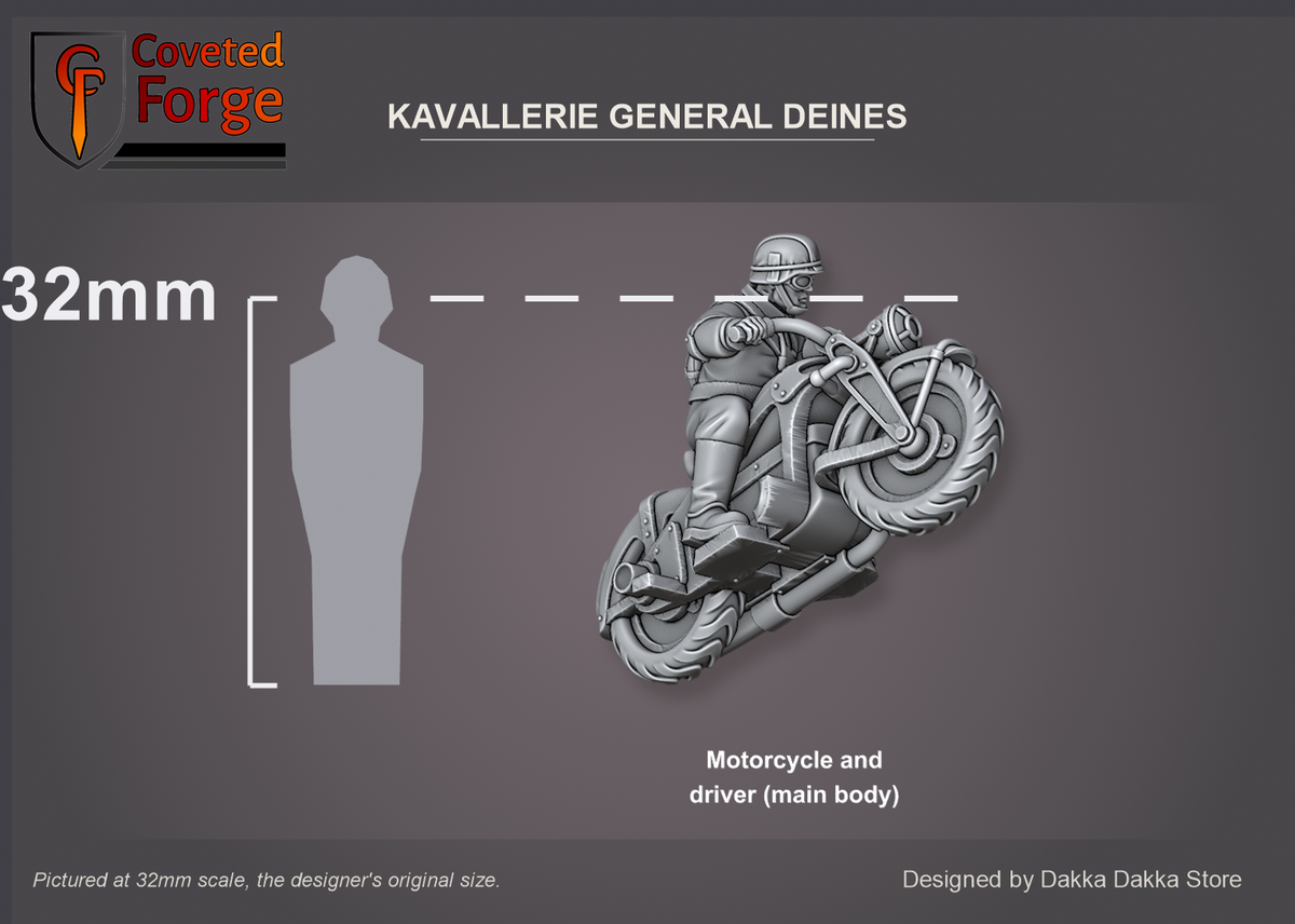 Coveted Forge scale reference: the Kavallerie General Deines motorcycle with its driver, the kit's main body, beside a 32mm human silhouette
