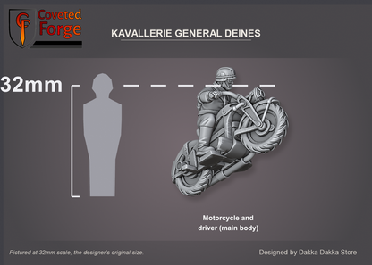 Coveted Forge scale reference: the Kavallerie General Deines motorcycle with its driver, the kit's main body, beside a 32mm human silhouette