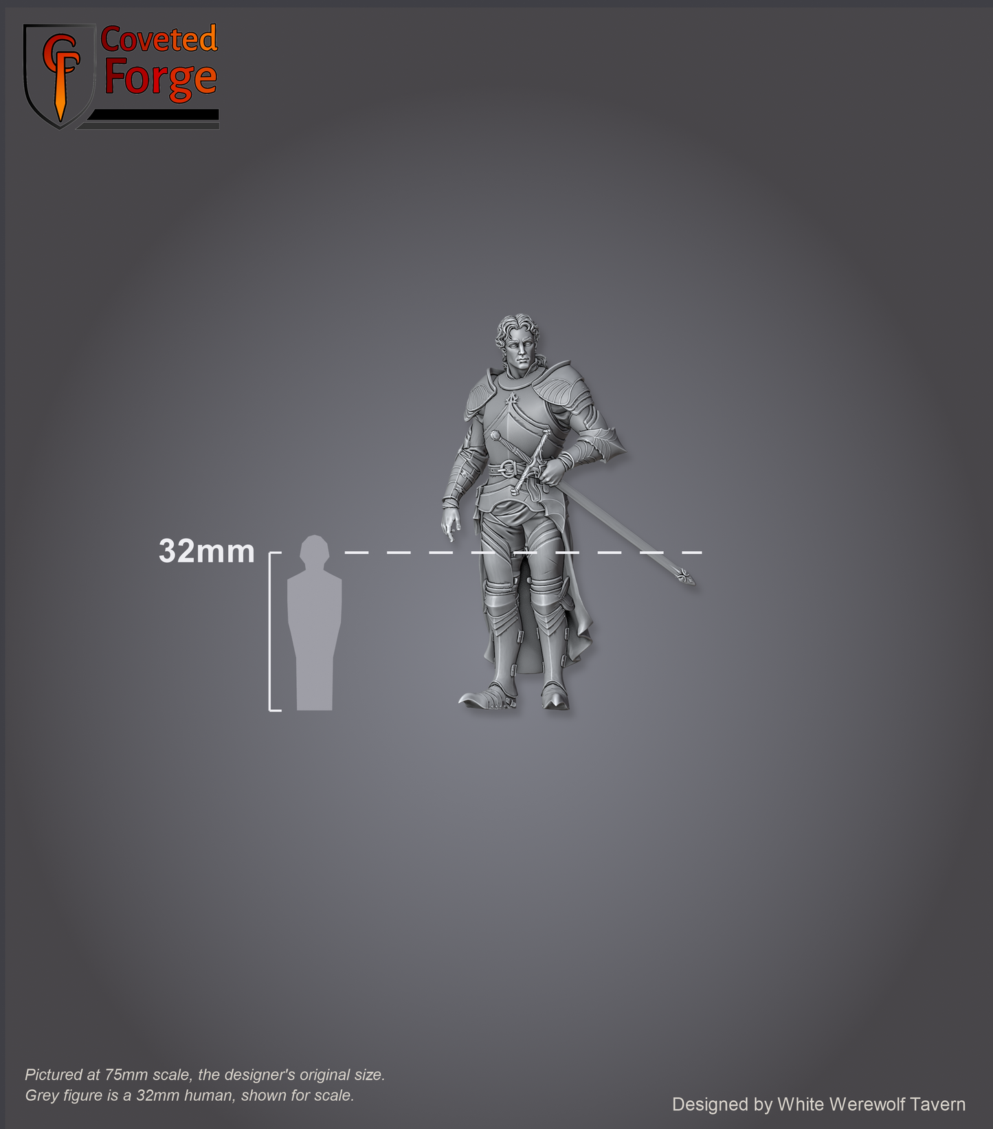 Scale reference: Kings Guard Display Model at 75mm scale beside a 32mm human silhouette