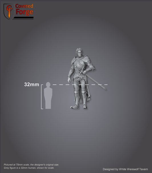 Scale reference: Kings Guard Display Model at 75mm scale beside a 32mm human silhouette