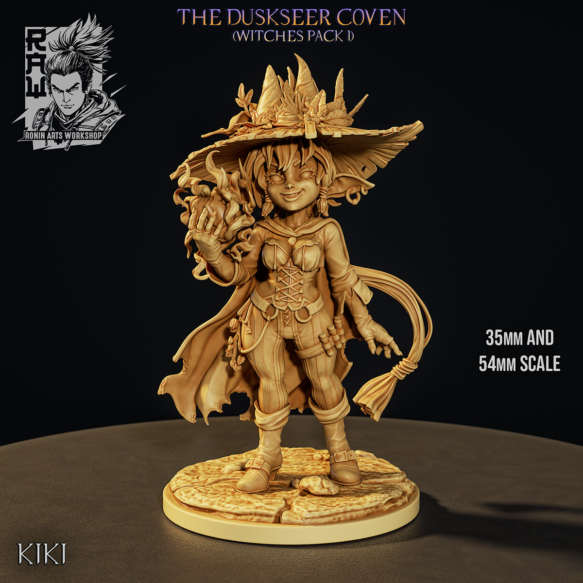 Kiki the Blessed, Duskseer Coven goblin witch miniature in her flower-crowned witch hat with spell flame in hand on her cracked flagstone scenic base, unpainted tan render with the Ronin Arts Workshop logo, by Ronin Arts Workshop.