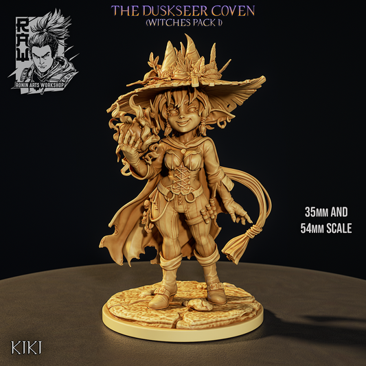Kiki the Blessed, Duskseer Coven goblin witch miniature in her flower-crowned witch hat with spell flame in hand on her cracked flagstone scenic base, unpainted tan render with the Ronin Arts Workshop logo, by Ronin Arts Workshop.