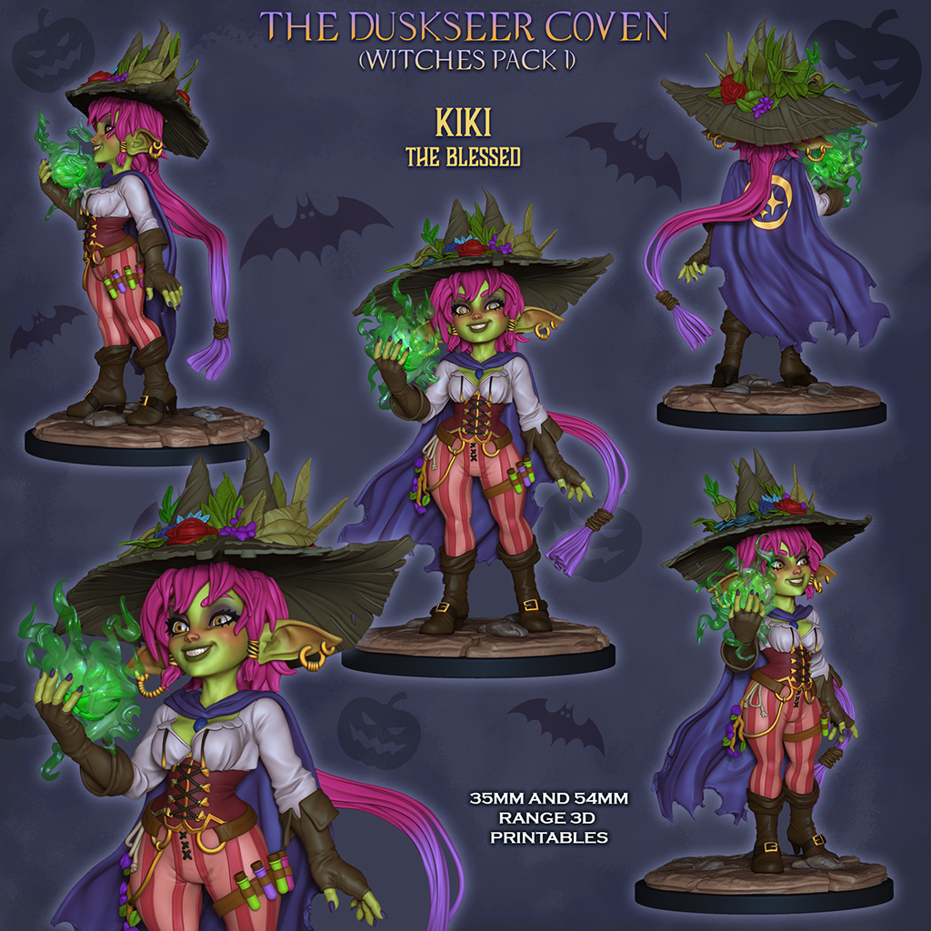 Kiki the Blessed, colour views front, side, back and close-up with her green spell flame, Duskseer Coven witches pack 1, designer render by Ronin Arts Workshop.
