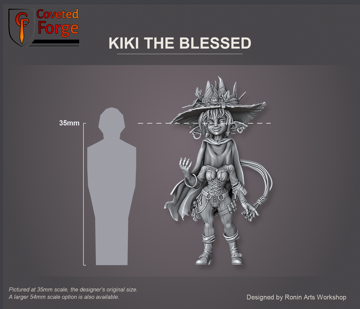 Coveted Forge scale reference: Kiki the Blessed's body at 35mm scale with her separate hatted head floated just above it, beside a 35mm human silhouette; also offered at 54mm