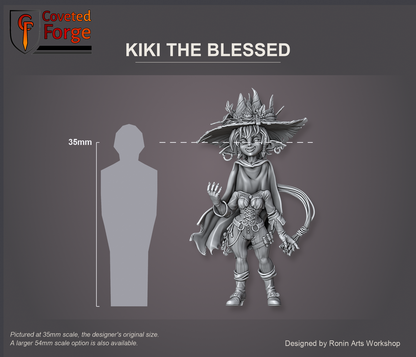 Coveted Forge scale reference: Kiki the Blessed's body at 35mm scale with her separate hatted head floated just above it, beside a 35mm human silhouette; also offered at 54mm