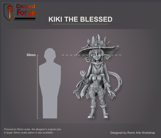 Coveted Forge scale reference: Kiki the Blessed's body at 35mm scale with her separate hatted head floated just above it, beside a 35mm human silhouette; also offered at 54mm