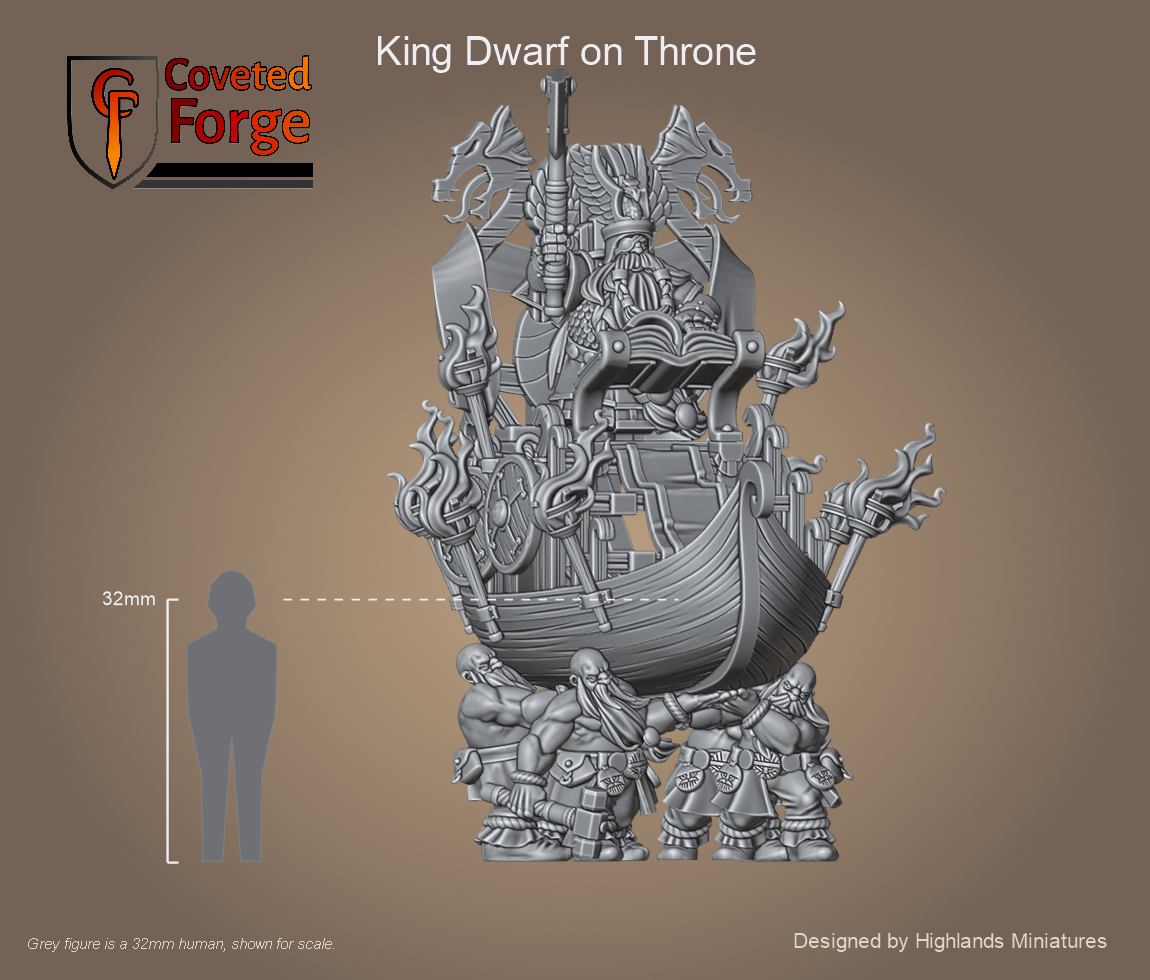 King Dwarf on Throne carried centerpiece beside a 32mm human silhouette with scale bracket