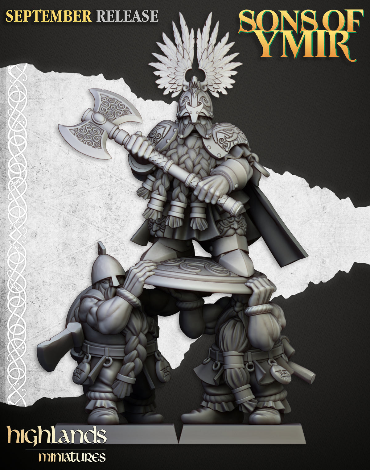 King Ulric of Thrym-Heim, dwarf king with a winged crown-helm and great axe on a shield borne by two shieldbearers, resin miniature by Highlands Miniatures