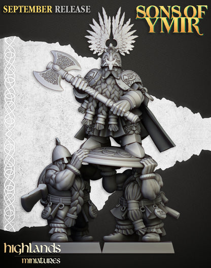 King Ulric of Thrym-Heim, dwarf king with a winged crown-helm and great axe on a shield borne by two shieldbearers, resin miniature by Highlands Miniatures
