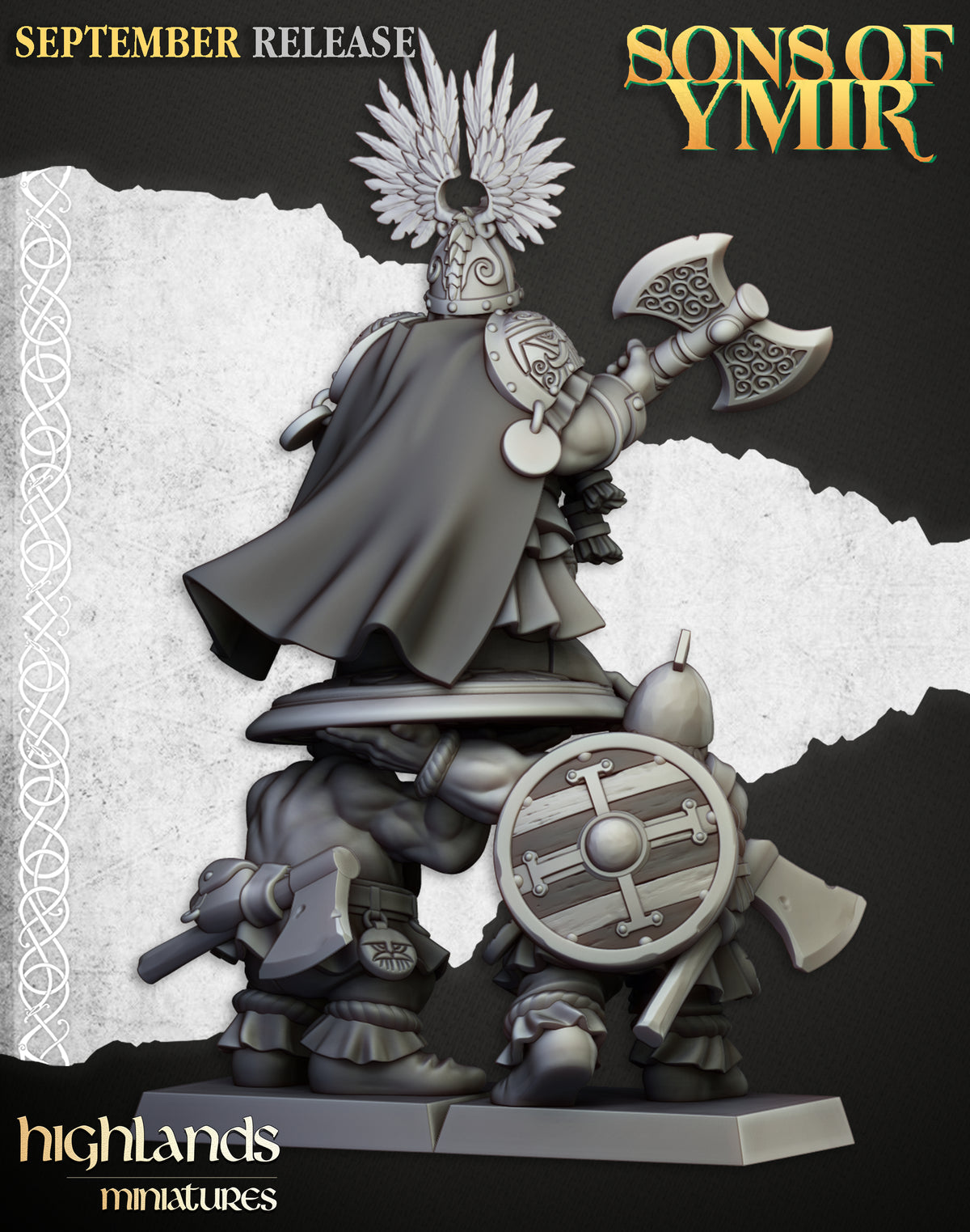 King Ulric of Thrym-Heim, rear view showing the cape and a shieldbearer's round shield, Highlands Miniatures