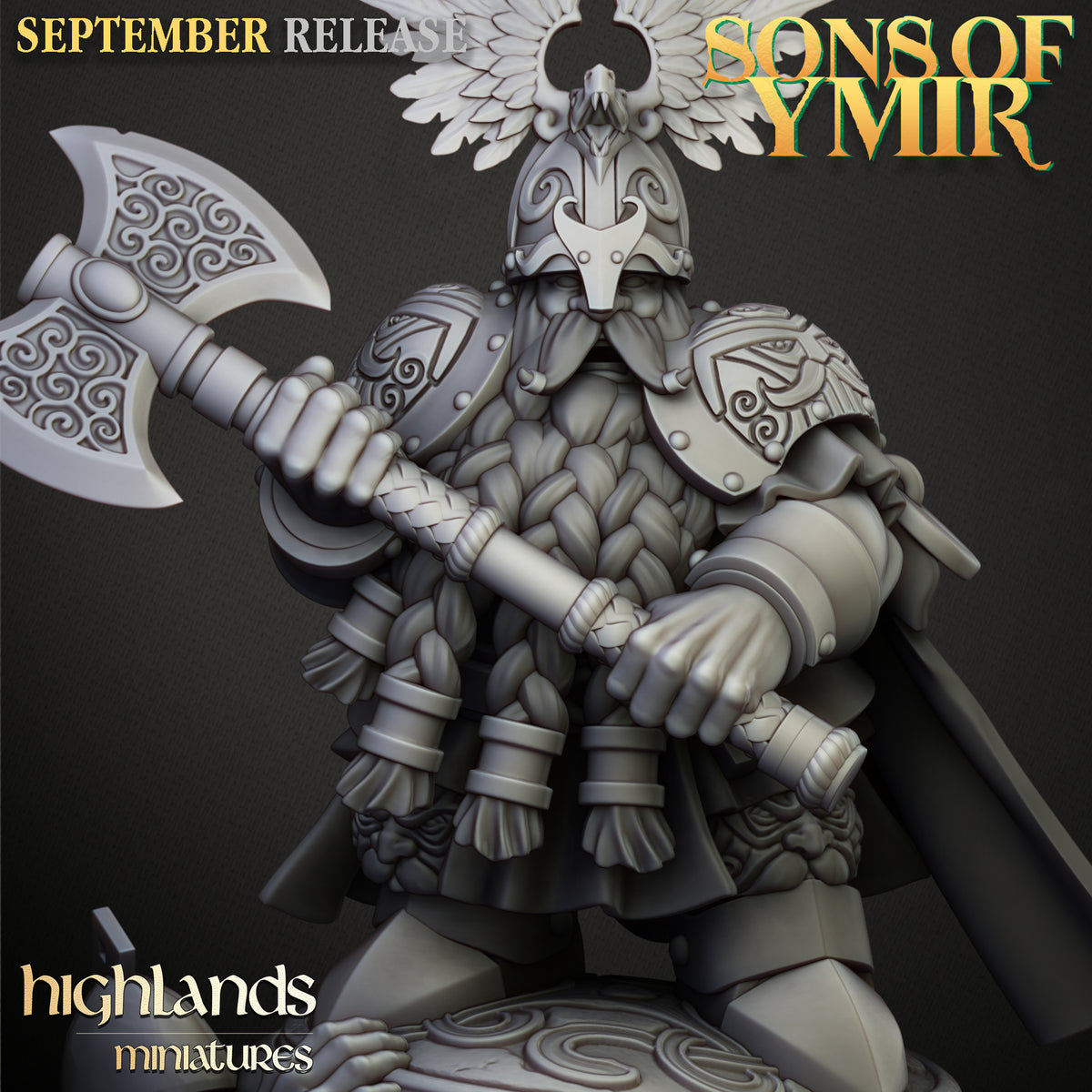 King Ulric of Thrym-Heim, close view of the king, helm, beard and great axe, Highlands Miniatures