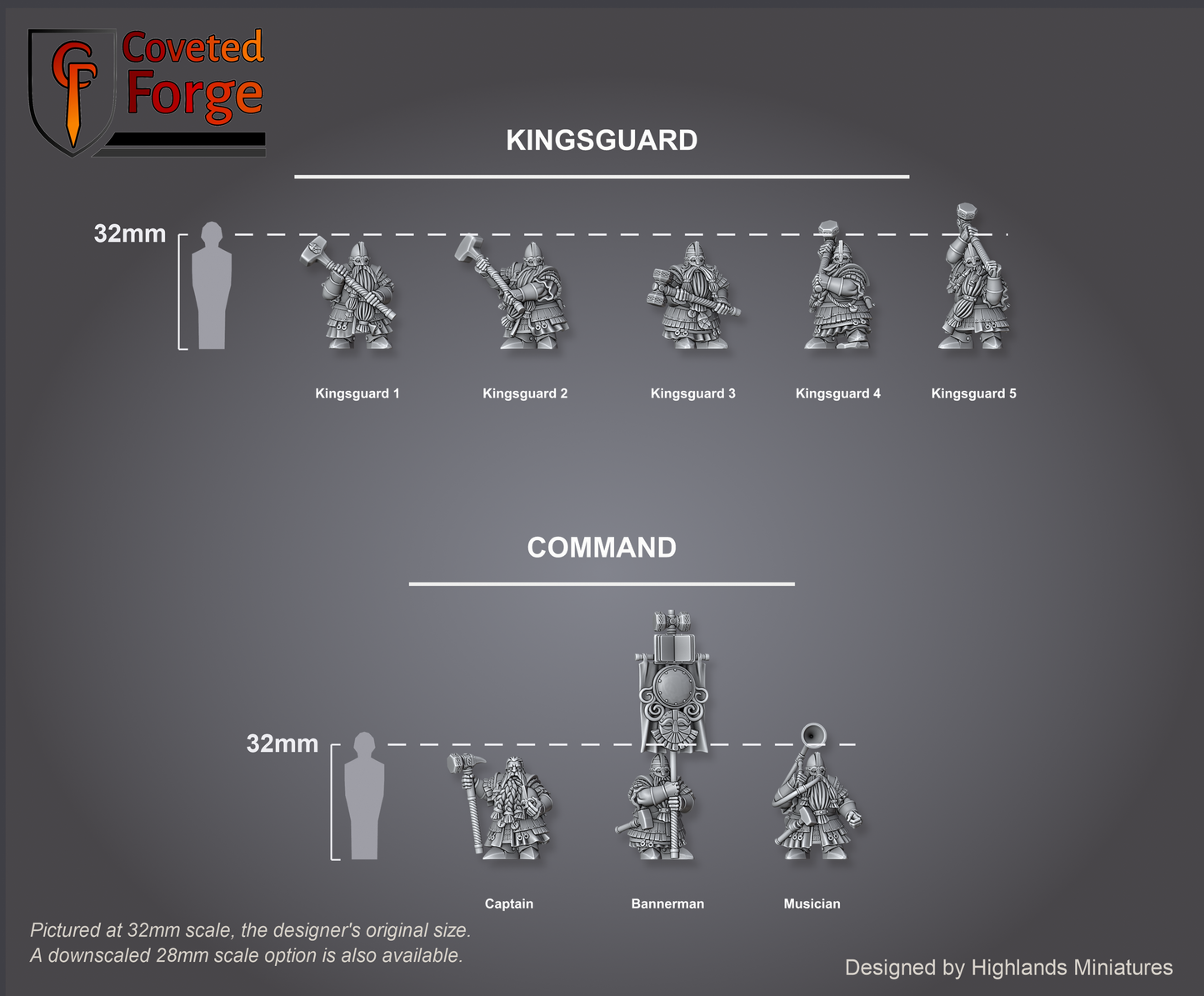 Dwarf Kingsguard scale lineup, all eight poses across two rows with a 32mm human and bracket for scale