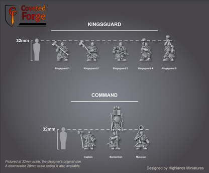 Dwarf Kingsguard scale lineup, all eight poses across two rows with a 32mm human and bracket for scale