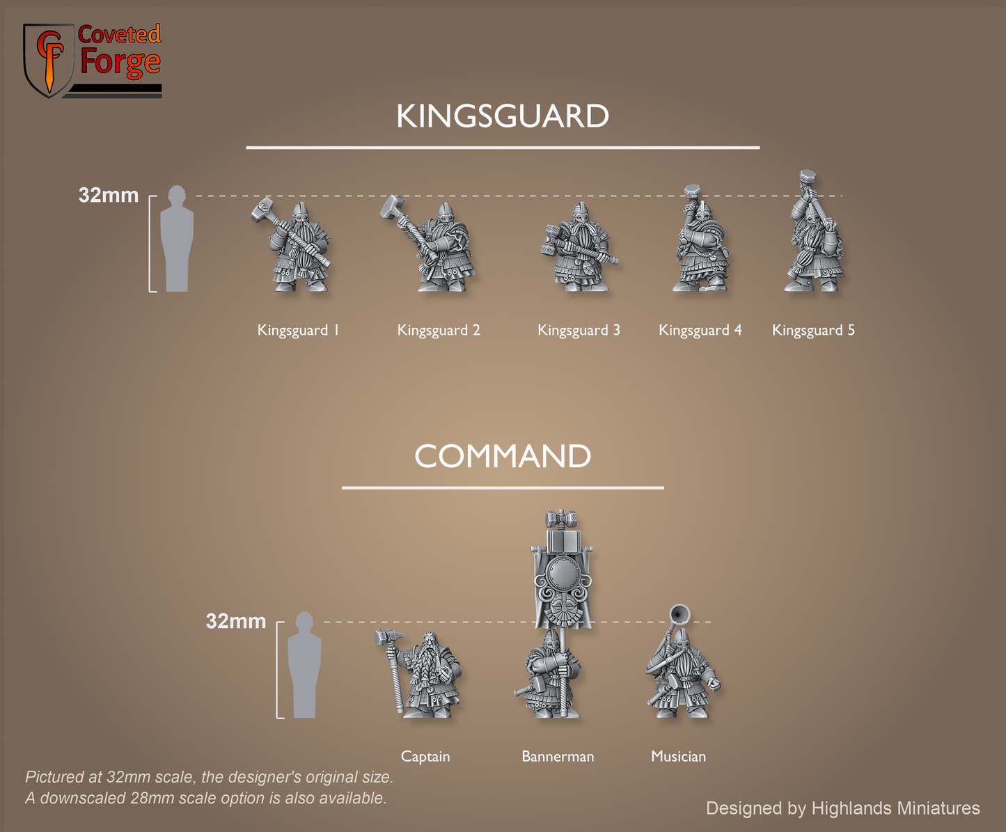 Dwarf Kingsguard scale lineup, all eight poses across two rows with a 32mm human and bracket for scale