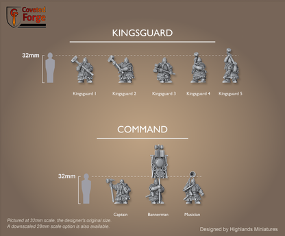 Dwarf Kingsguard scale lineup, all eight poses across two rows with a 32mm human and bracket for scale