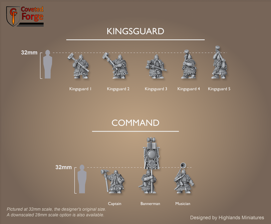 Dwarf Kingsguard scale lineup, all eight poses across two rows with a 32mm human and bracket for scale