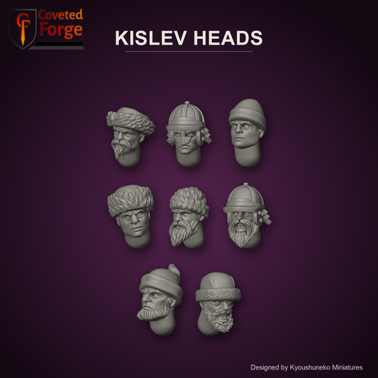 Kislev Heads by Kyoushuneko Miniatures: 8 heads across all 4 styles (Kossaks, Winged Hussars, Arquebusiers and Polearmsmen) in warm clay on a dark plum backdrop, unpainted 3D-printed resin heads with neck pegs for 28mm, 32mm and 35mm conversions.