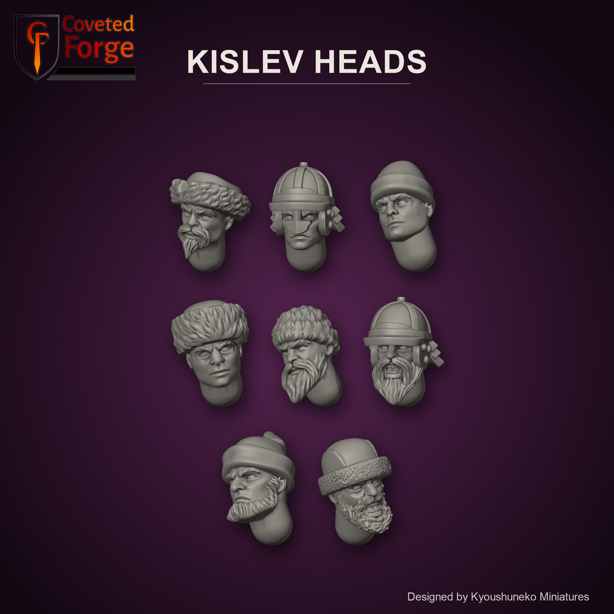 Kislev Heads by Kyoushuneko Miniatures: 8 heads across all 4 styles (Kossaks, Winged Hussars, Arquebusiers and Polearmsmen) in warm clay on a dark plum backdrop, unpainted 3D-printed resin heads with neck pegs for 28mm, 32mm and 35mm conversions.