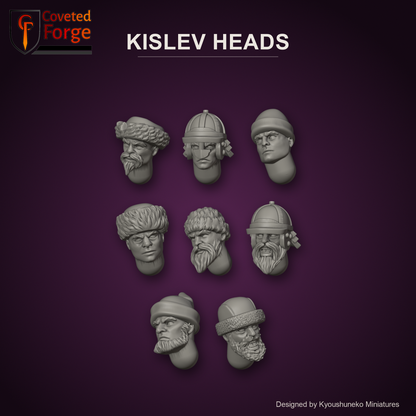 Kislev Heads by Kyoushuneko Miniatures: 8 heads across all 4 styles (Kossaks, Winged Hussars, Arquebusiers and Polearmsmen) in warm clay on a dark plum backdrop, unpainted 3D-printed resin heads with neck pegs for 28mm, 32mm and 35mm conversions.