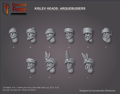 Coveted Forge bits sheet: Heads (3 of 4), Kislev Heads Arquebusiers style guide, 10 different heads lettered A to J to name in the order note, shown at 32mm, resin heads by Kyoushuneko Miniatures.