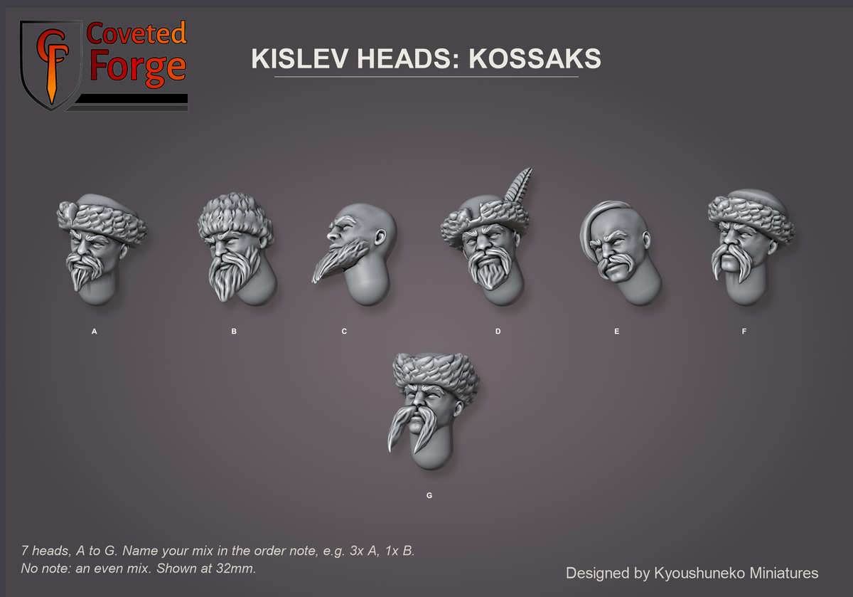 Coveted Forge bits sheet: Heads (1 of 4), Kislev Heads Kossaks style guide, 7 different heads lettered A to G to name in the order note, shown at 32mm, resin heads by Kyoushuneko Miniatures.