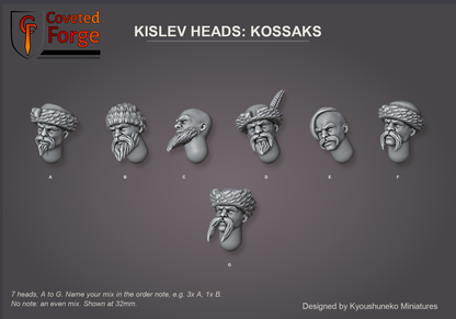 Coveted Forge bits sheet: Heads (1 of 4), Kislev Heads Kossaks style guide, 7 different heads lettered A to G to name in the order note, shown at 32mm, resin heads by Kyoushuneko Miniatures.