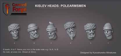 Coveted Forge bits sheet: Heads (4 of 4), Kislev Heads Polearmsmen style guide, 6 different heads lettered A to F to name in the order note, shown at 32mm, resin heads by Kyoushuneko Miniatures.